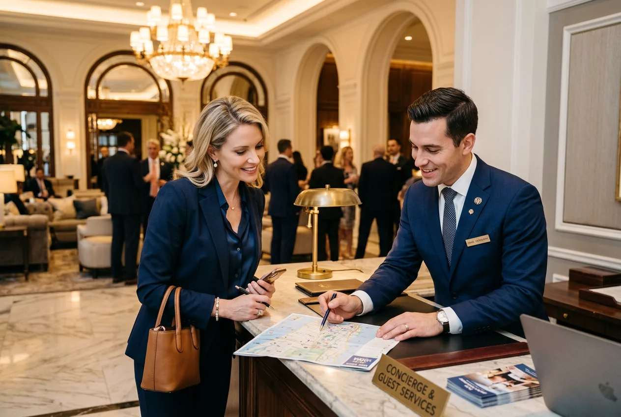 Professional concierge assisting a luxury guest