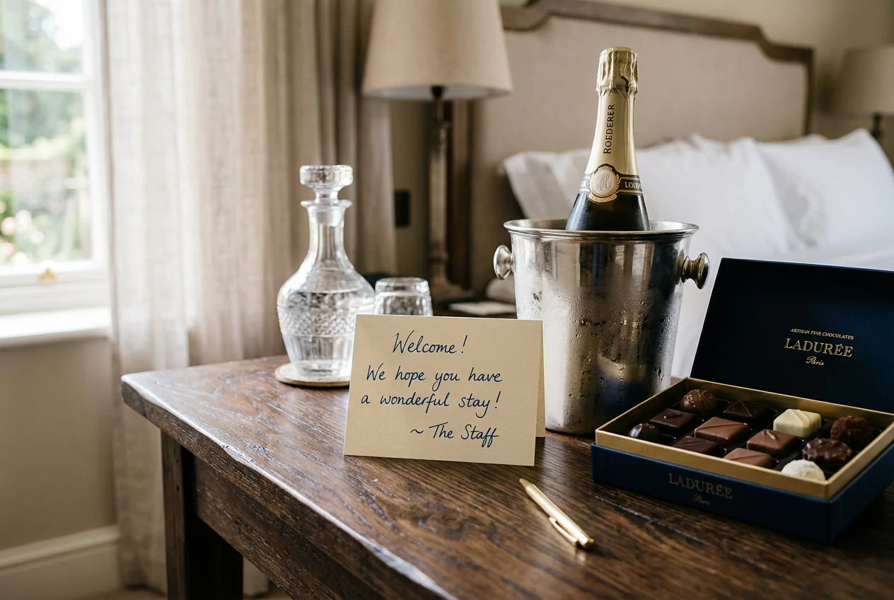 Handwritten welcome note and luxury amenities